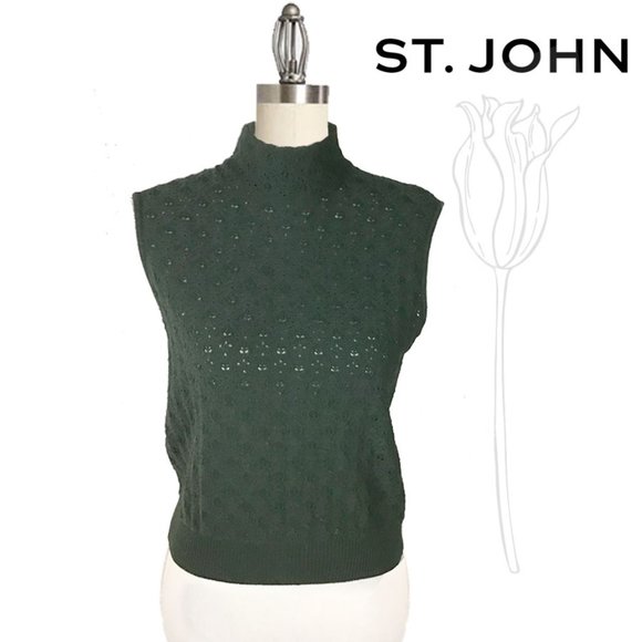 St. John Tops - St John Collection Winter Forest Green Crochet Sleeveless Top